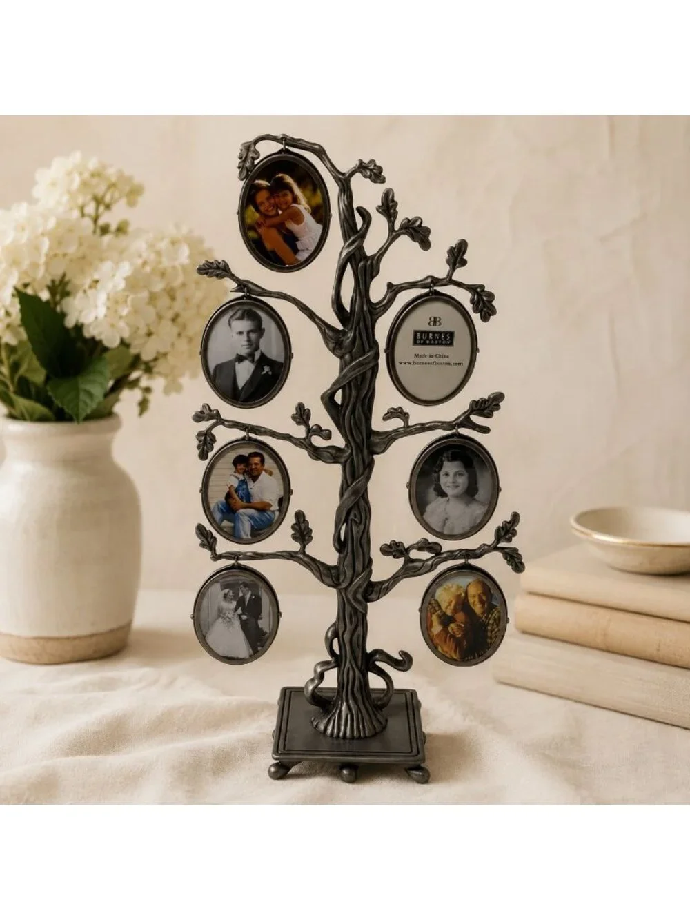 Burnes Boston Oval Family Photo Frame Pewter Tree Genealogy Tabletop Decor Gift